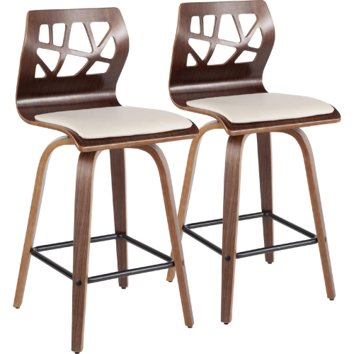 Folia Counter Stool in Walnut Wood, Black Metal & Cream Leatherette (Set of 2)